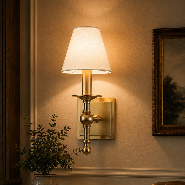1-Light Warm Brass Classic Wall Sconce With Fabric Shade Dimmable Contemporary Bath Sconce For Hallway Bathroom Bedroom
