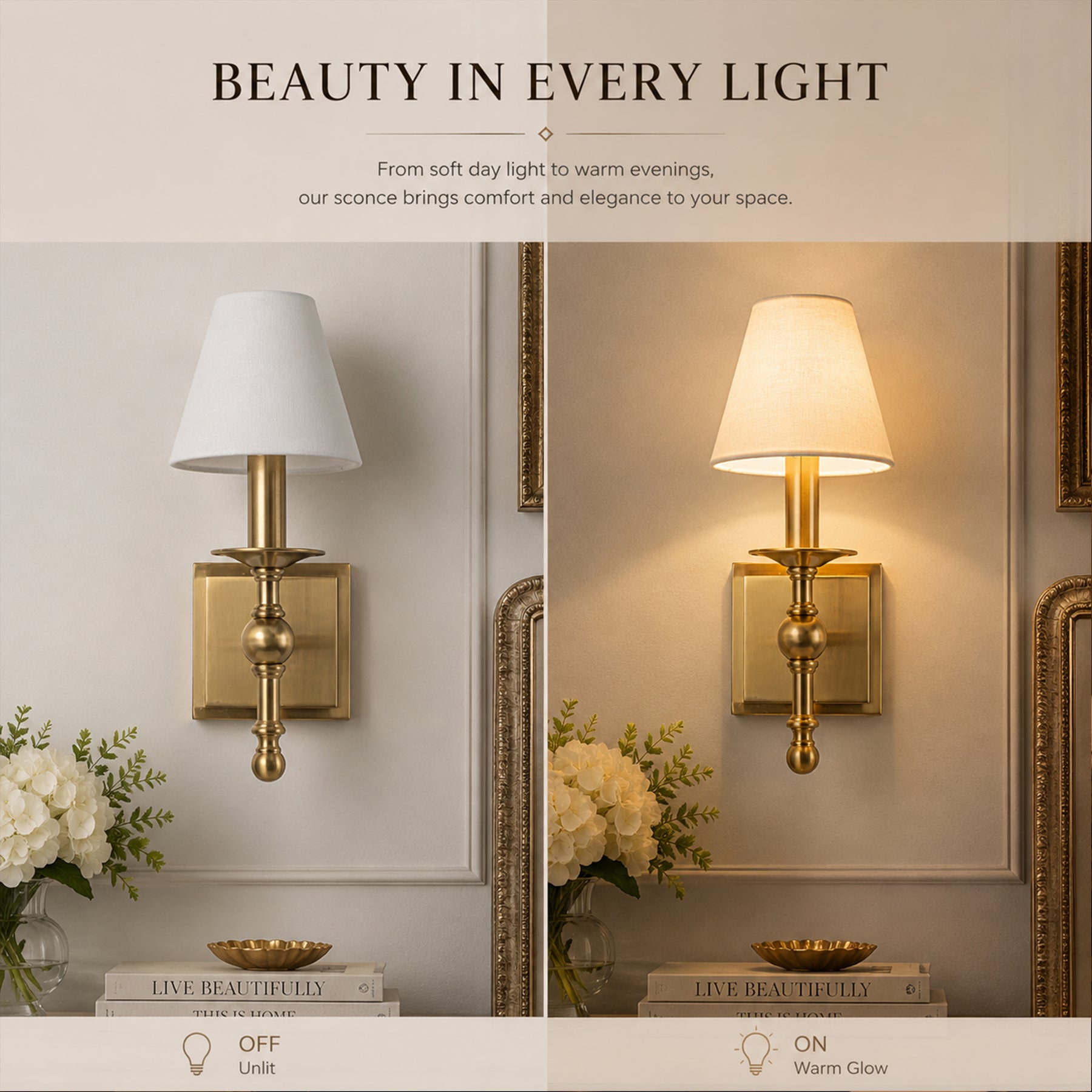 1-Light Warm Brass Classic Wall Sconce With Fabric Shade Dimmable Contemporary Bath Sconce For Hallway Bathroom Bedroom