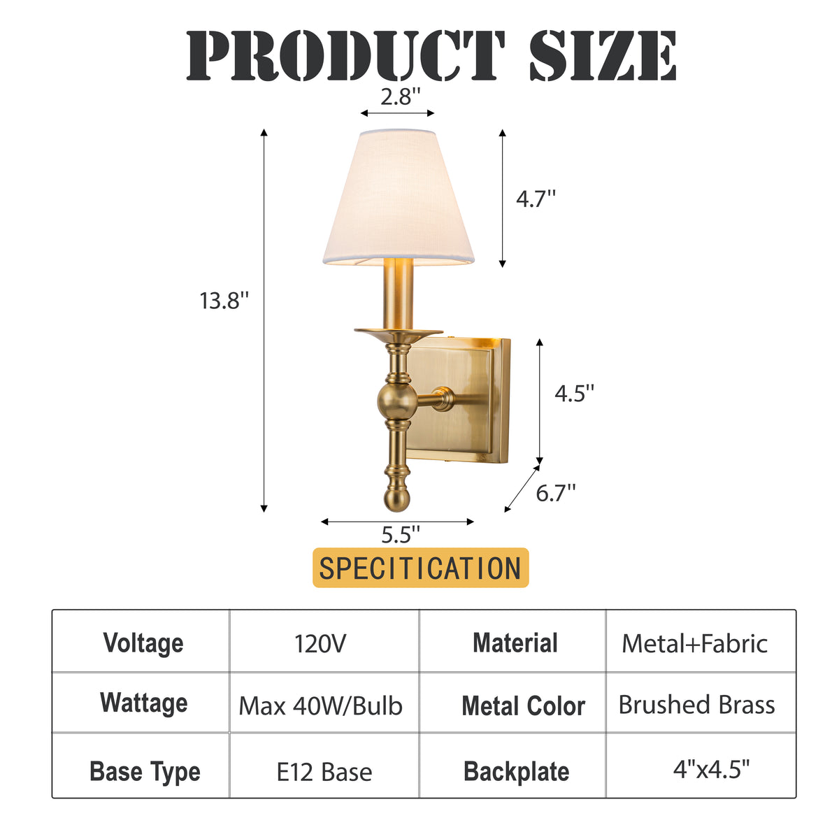 1-Light Warm Brass Classic Wall Sconce With Fabric Shade Dimmable Contemporary Bath Sconce For Hallway Bathroom Bedroom