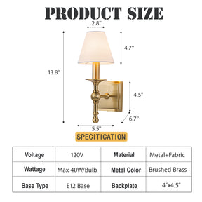 1-Light Warm Brass Classic Wall Sconce With Fabric Shade Dimmable Contemporary Bath Sconce For Hallway Bathroom Bedroom