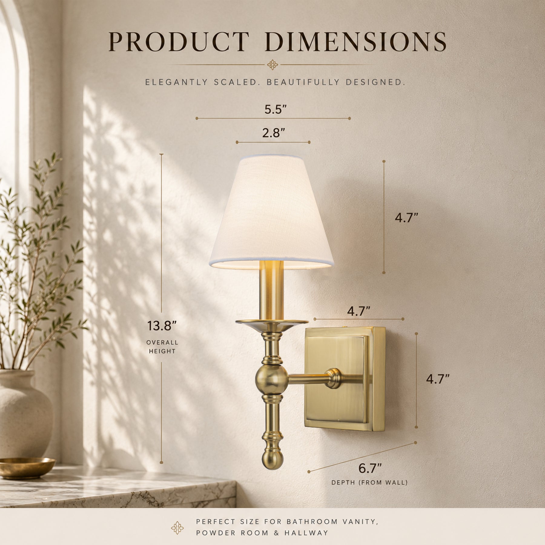 1-Light Warm Brass Classic Wall Sconce With Fabric Shade Dimmable Contemporary Bath Sconce For Hallway Bathroom Bedroom
