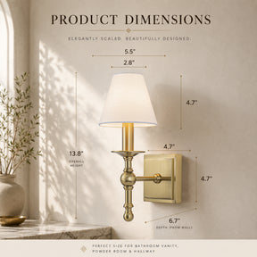 1-Light Warm Brass Classic Wall Sconce With Fabric Shade Dimmable Contemporary Bath Sconce For Hallway Bathroom Bedroom