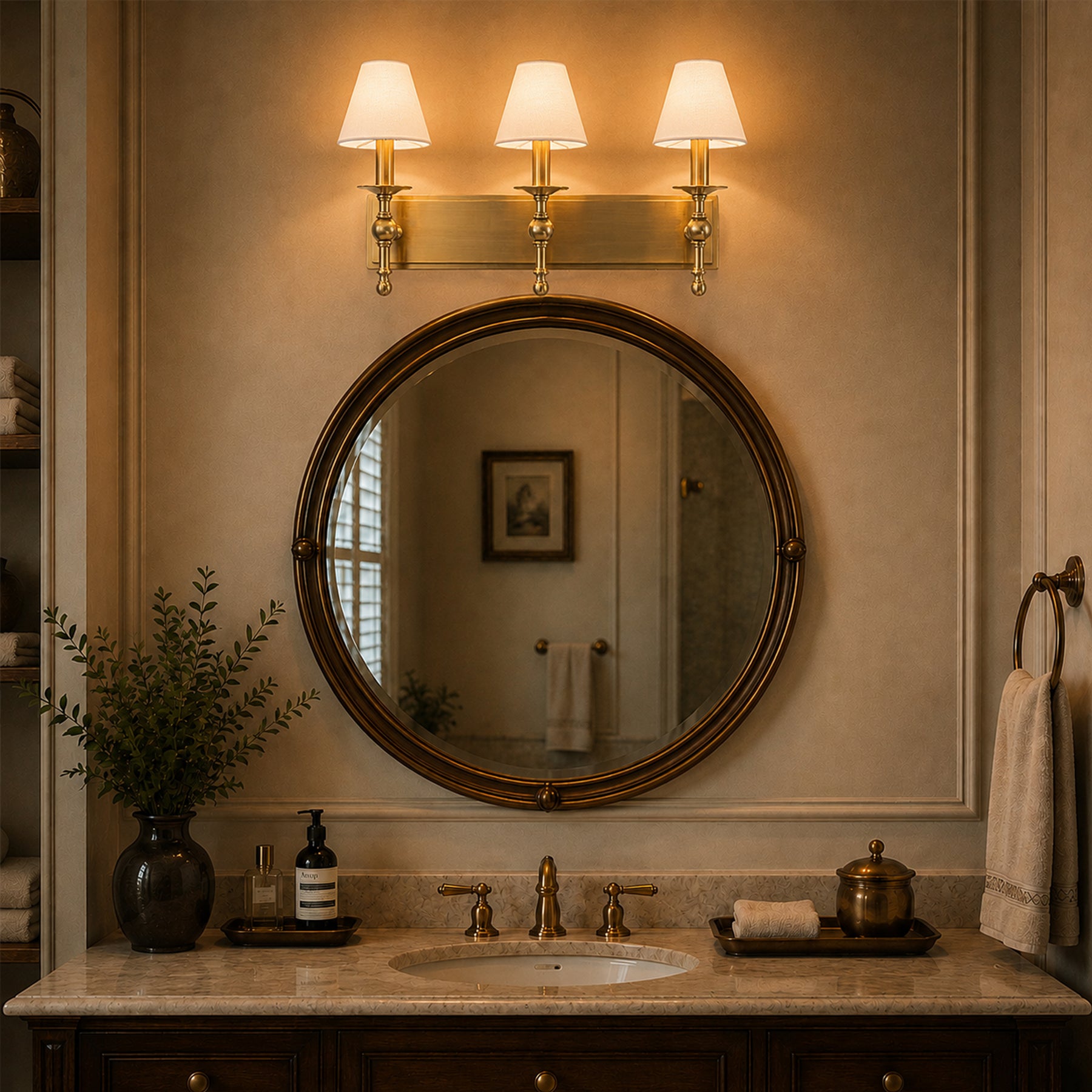 24'' 3-light Classic Wall Sconce Dimmable Contemporary Triple Bath Sconce in Warm Brass with White Fabric Shade For Hallway Bathroom Bedroom