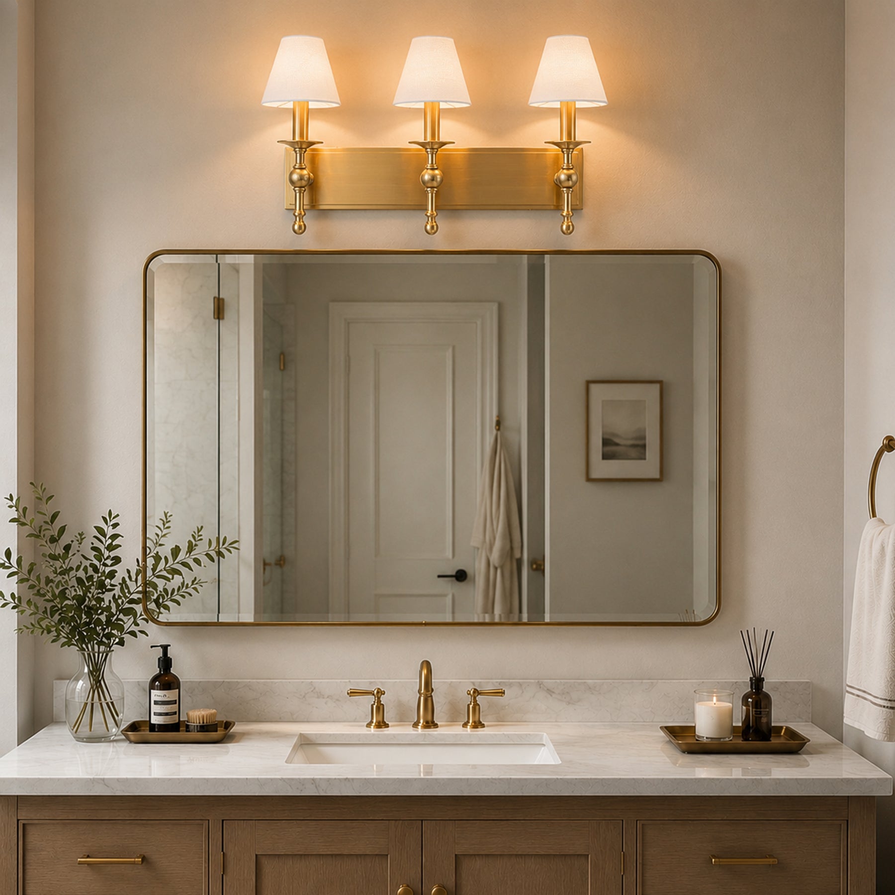 24'' 3-light Classic Wall Sconce Dimmable Contemporary Triple Bath Sconce in Warm Brass with White Fabric Shade For Hallway Bathroom Bedroom