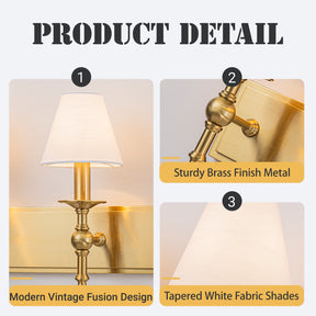 24'' 3-light Classic Wall Sconce Dimmable Contemporary Triple Bath Sconce in Warm Brass with White Fabric Shade For Hallway Bathroom Bedroom