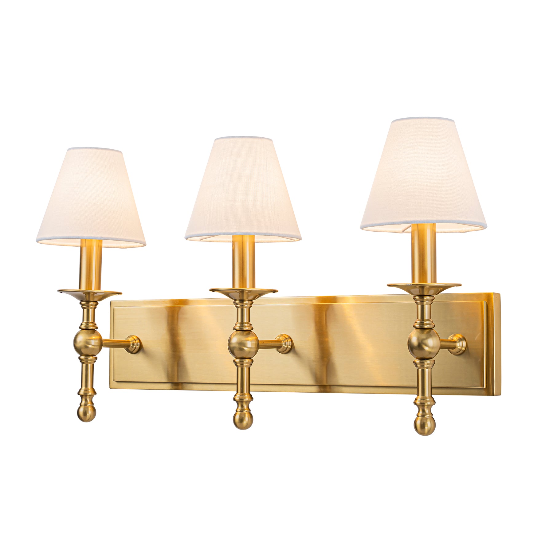 24'' 3-light Classic Wall Sconce Dimmable Contemporary Triple Bath Sconce in Warm Brass with White Fabric Shade For Hallway Bathroom Bedroom