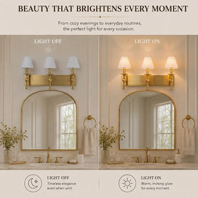 24'' 3-light Classic Wall Sconce Dimmable Contemporary Triple Bath Sconce in Warm Brass with White Fabric Shade For Hallway Bathroom Bedroom