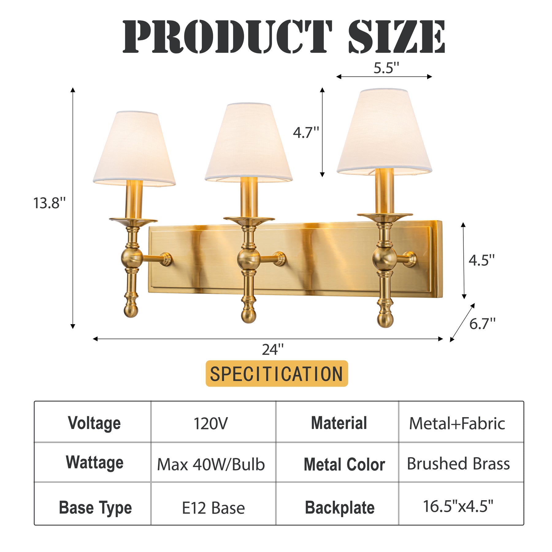 24'' 3-light Classic Wall Sconce Dimmable Contemporary Triple Bath Sconce in Warm Brass with White Fabric Shade For Hallway Bathroom Bedroom