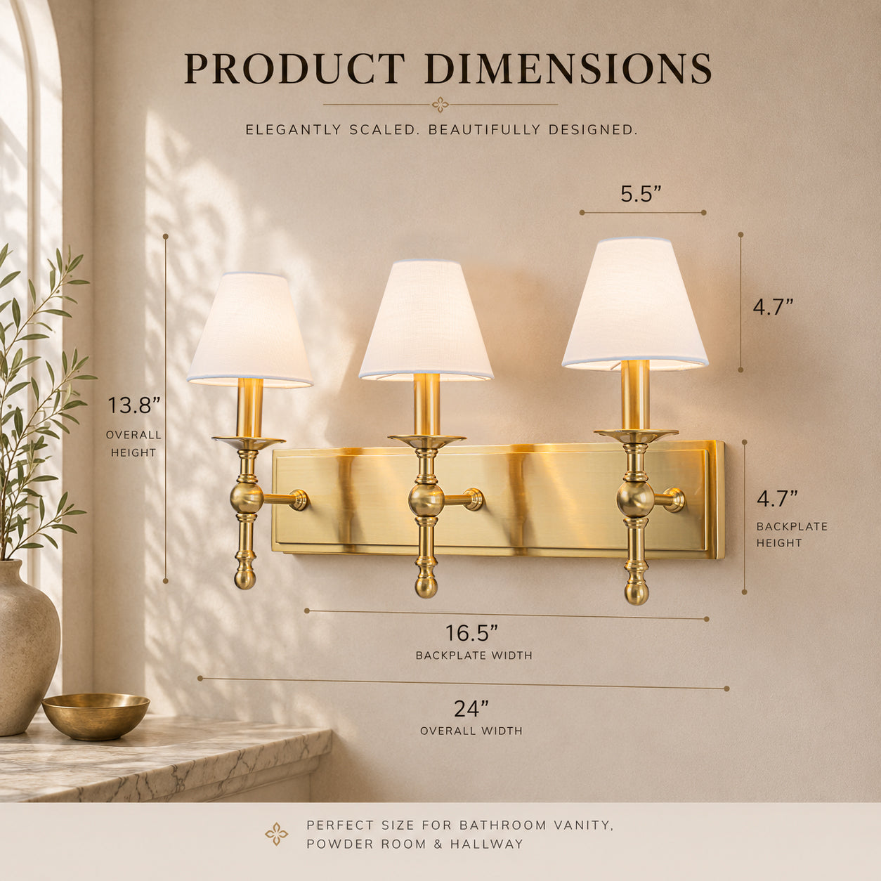 24'' 3-light Classic Wall Sconce Dimmable Contemporary Triple Bath Sconce in Warm Brass with White Fabric Shade For Hallway Bathroom Bedroom