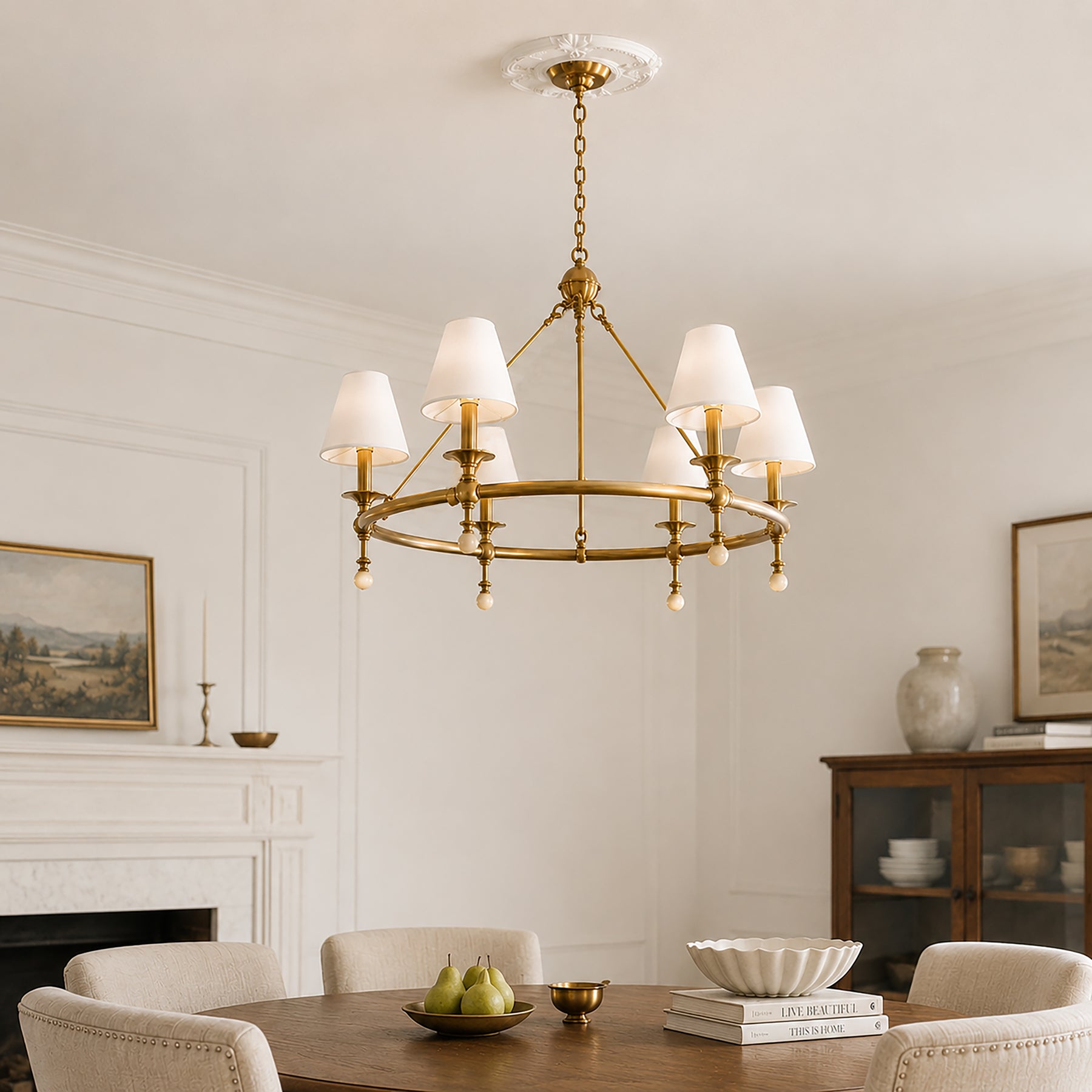 34'' Warm Brass 6-Light Statement Chandelier Unique Classic Pendant Lighting with White Fabric Shades and Alabaster Finials for Dining Room Kitchen Island