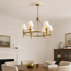 34'' Warm Brass 6-Light Statement Chandelier Unique Classic Pendant Lighting with White Fabric Shades and Alabaster Finials for Dining Room Kitchen Island