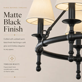 Vintage Black Chandelier 6-Light Classic Pendant Fixture Elegant Interior Lighting With White Shades For Dining Room Living Room
