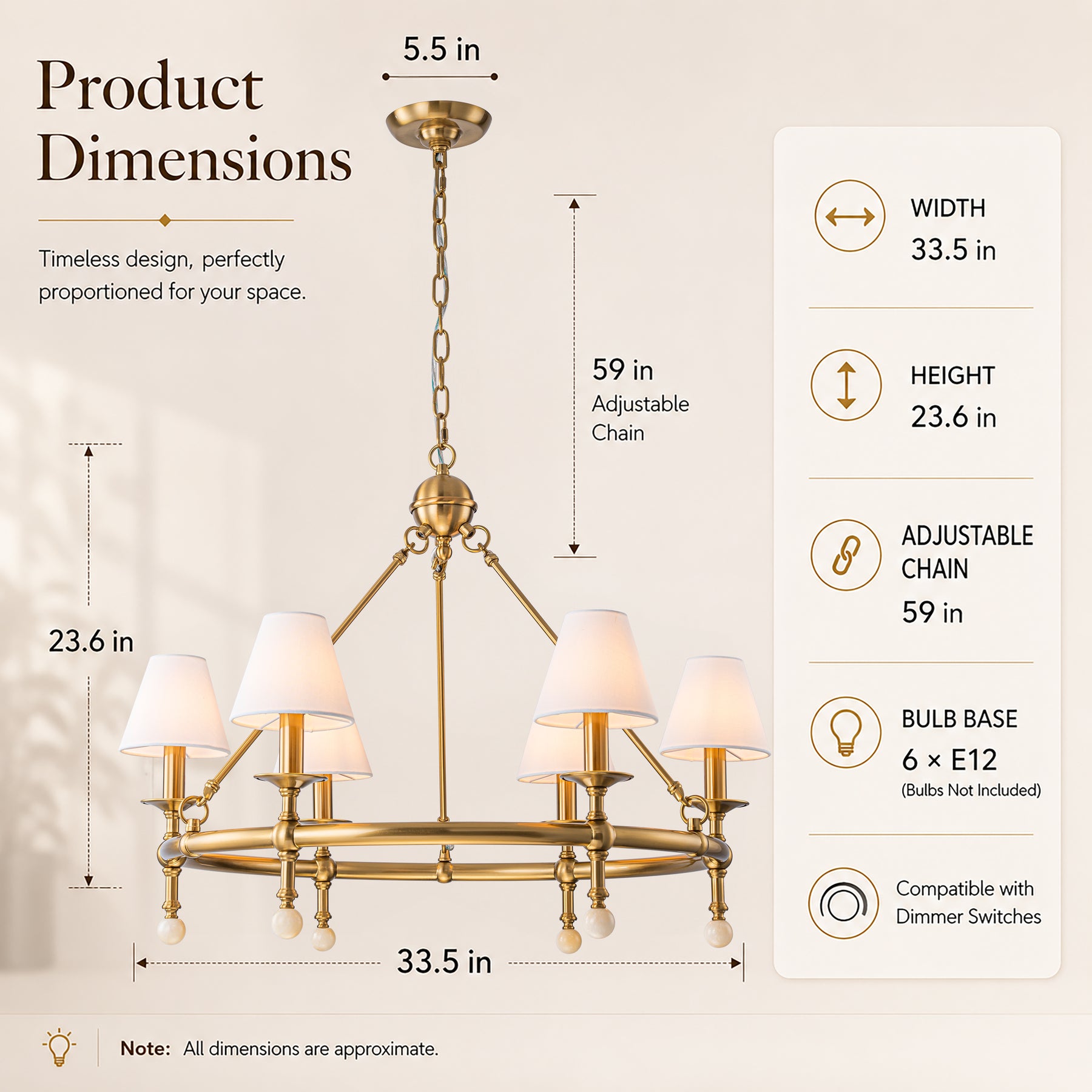 34'' Warm Brass 6-Light Statement Chandelier Unique Classic Pendant Lighting with White Fabric Shades and Alabaster Finials for Dining Room Kitchen Island