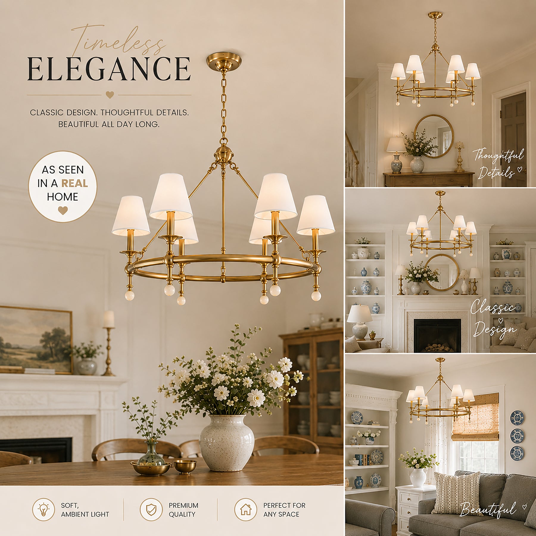 34'' Warm Brass 6-Light Statement Chandelier Unique Classic Pendant Lighting with White Fabric Shades and Alabaster Finials for Dining Room Kitchen Island