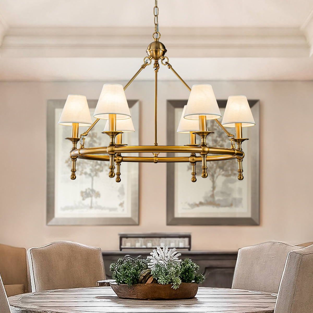 6 Lights W34 Vintage Brass and White Pleated Fabric Chandeliers for Dining Room