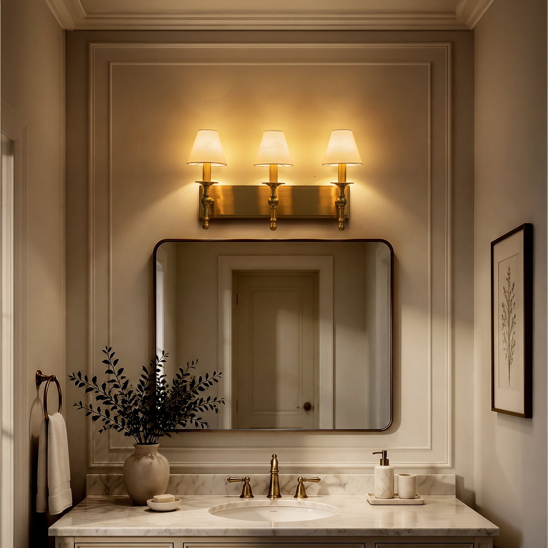 24'' 3-light Classic Wall Sconce Dimmable Contemporary Triple Bath Sconce in Warm Brass with White Fabric Shade For Hallway Bathroom Bedroom
