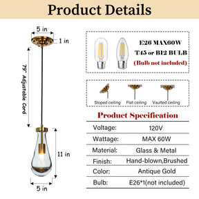 Rustic Mini Farmhouse Hand-Blown Clear Solid Glass Pendant Light  in Antique Brass