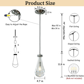 1-Light 5" Farmhouse Raindrop Glass Brush Black Nickel Chandelier Rustic Teardrop Cluster Pendant Light for Kitchen Island