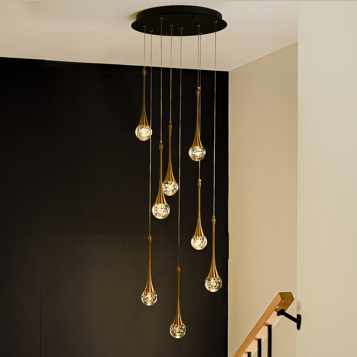 18'' 8-Light Modern Seeded Glass Cluster Integrated LED Teardrop Staircase Chandelier Minimalist Entryway LED Pendant Light