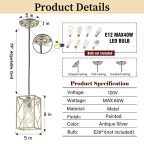 Modern Industrial Mini Square Cage Pendant Light with Wrought Iron Accents in Antique Silver