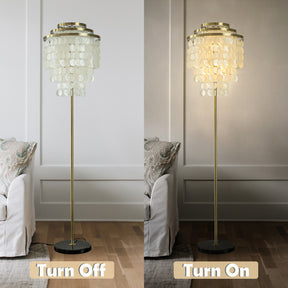 4-Light 70'' Modern Coastal Aged Brass Natural Capiz Shell Tiered Floor Lamp With Black Marble Base Glam For Girls Room Living Room Dining Room