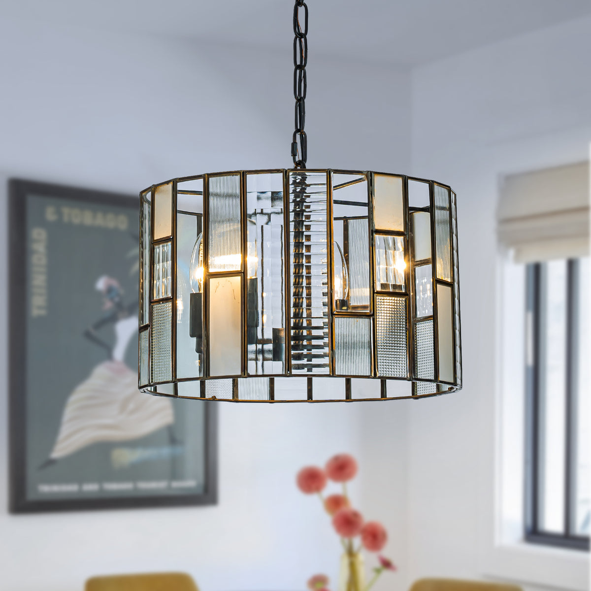 Farmhouse Glass Lantern Drum Chandelier Small Pendant Light in Matte Black