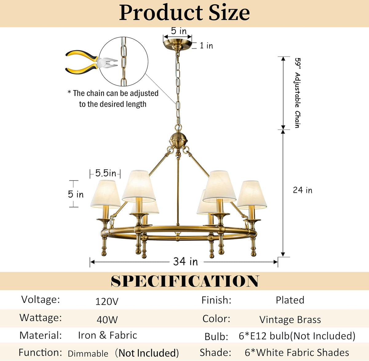 6 Lights W34 Vintage Brass and White Pleated Fabric Chandeliers for Dining Room