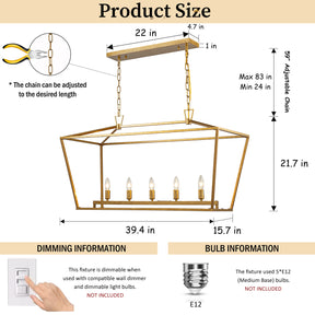 5-Light 39'' Modern Industrial Matte Gold Linear Lantern Geometric Chandelier Rectangle Cage Light For Kitchen Island