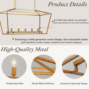 5-Light 39'' Modern Industrial Matte Gold Linear Lantern Geometric Chandelier Rectangle Cage Light For Kitchen Island