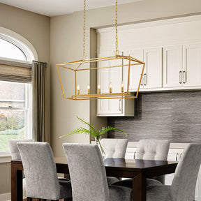 5-Light 39'' Modern Industrial Matte Gold Linear Lantern Geometric Chandelier Rectangle Cage Light For Kitchen Island