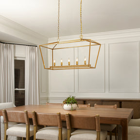 5-Light 39'' Modern Industrial Matte Gold Linear Lantern Geometric Chandelier Rectangle Cage Light For Kitchen Island
