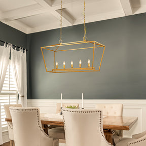 5-Light 39'' Modern Industrial Matte Gold Linear Lantern Geometric Chandelier Rectangle Cage Light For Kitchen Island