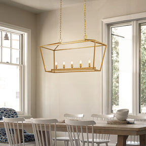 5-Light 39'' Modern Industrial Matte Gold Linear Lantern Geometric Chandelier Rectangle Cage Light For Kitchen Island