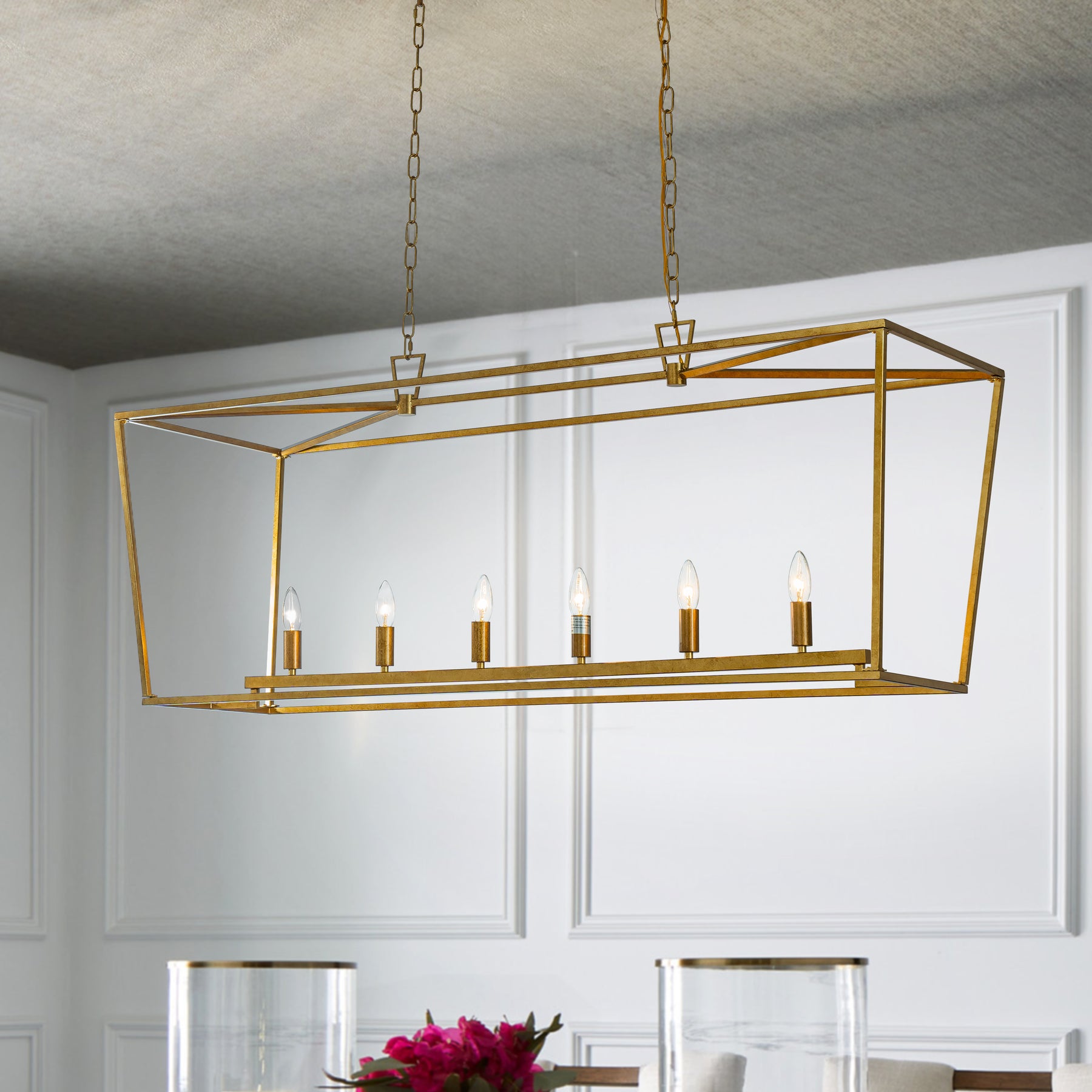 Farmhouse Linear Industrial Candlestick Cage Chandelier in Matte Gold