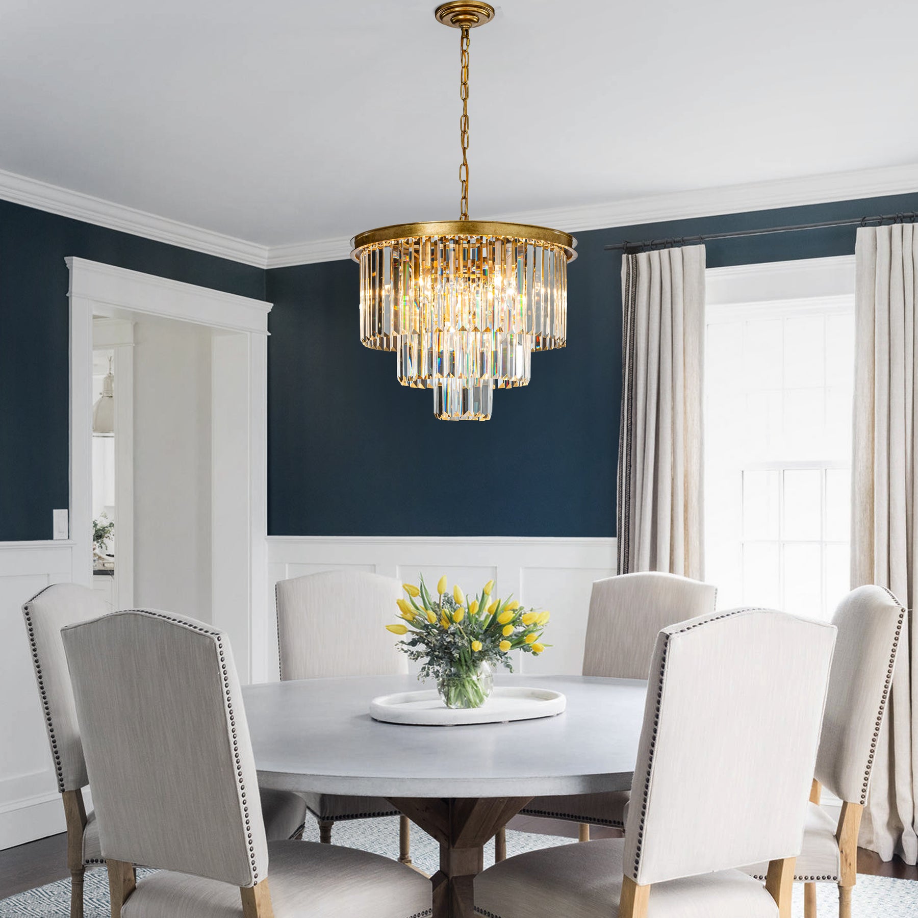 Modern Unique Tiered Crystal Chandelier in Matte Gold for Dining Room