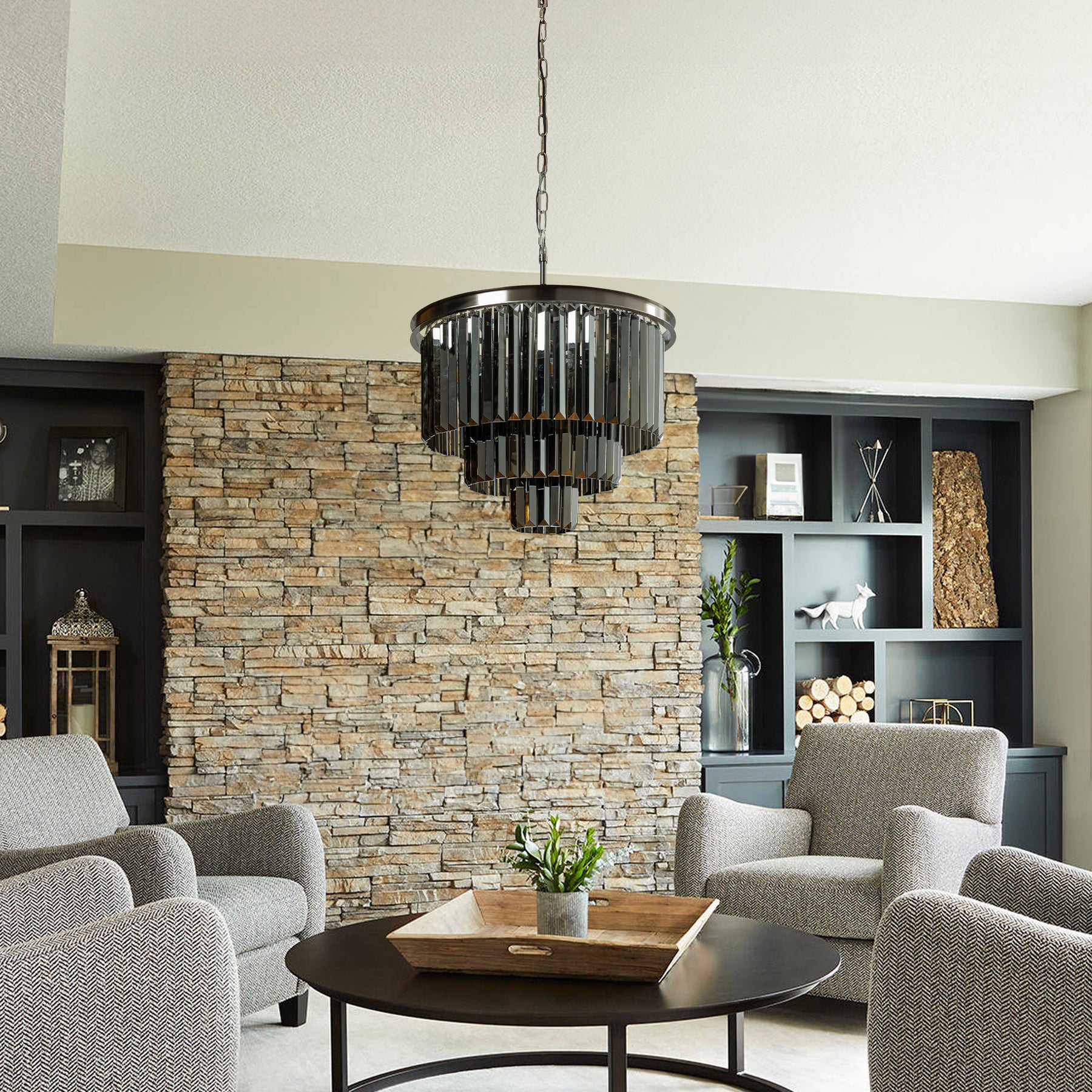 OpenBox 10-Lights 20'' Modern Round Fringe Smoke Crystal Chandelier Luxury Polished Nickel Tiered Glass Dining Room  Light