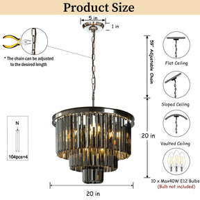 10-Light 20'' Modern Round Fringe Smoke Crystal Flush Mount Ceiling Luxury Polished Nickel Tiered Glass Light Fixtures For Dining Room