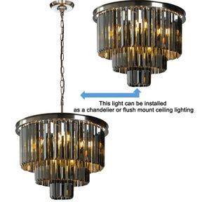 10-Light 20'' Modern Round Fringe Smoke Crystal Flush Mount Ceiling Luxury Polished Nickel Tiered Glass Light Fixtures For Dining Room