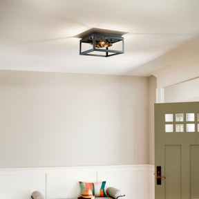 Modern Industrial Small Square Flush Mount in Matte Black Rustic Metal Open Cage Ceiling Lighting