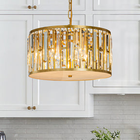 Mid-Century Modern Drum Chandelier with Crystals in Matte Gold