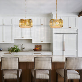 Mid-Century Modern Drum Chandelier with Crystals in Matte Gold