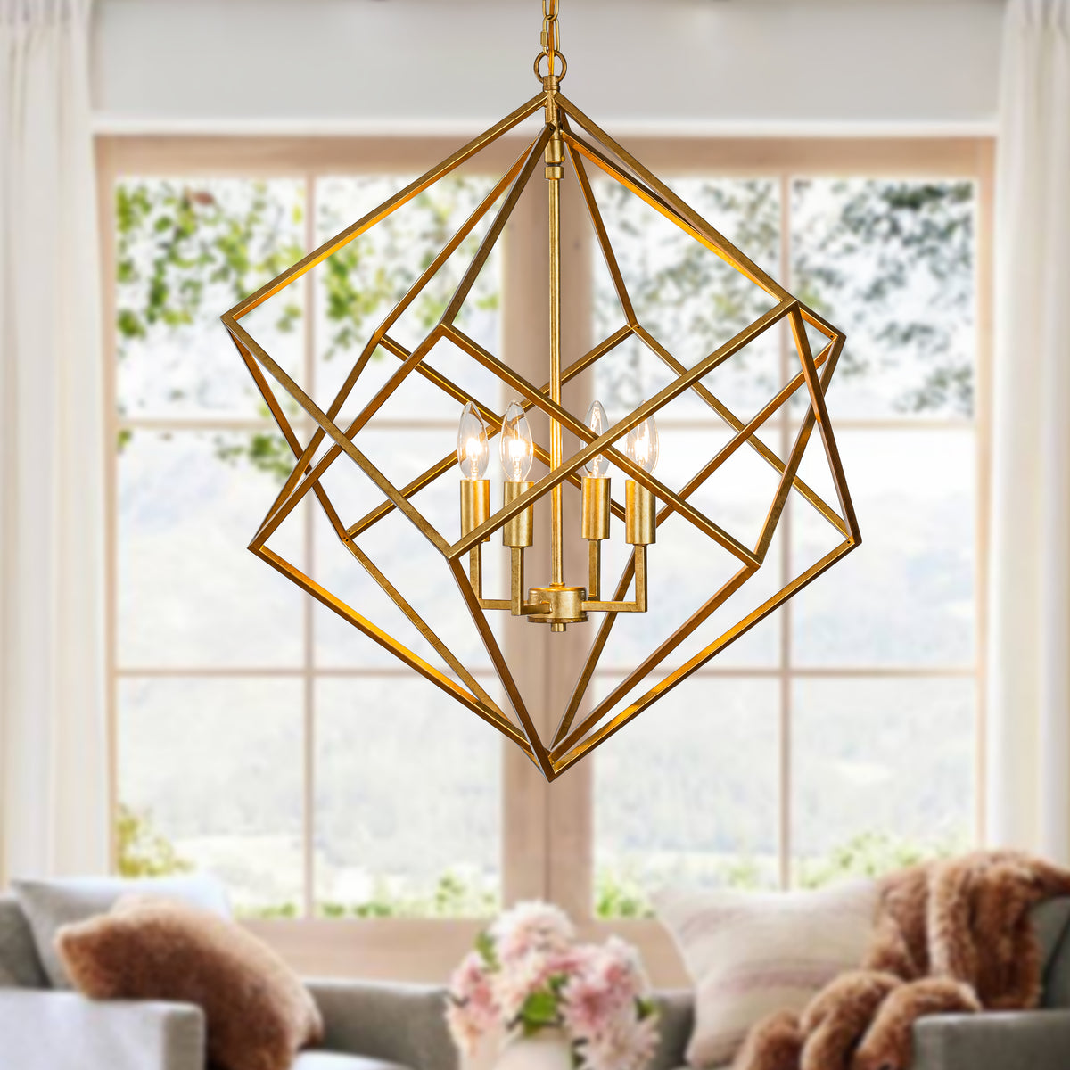 OPEN BOX-Modern Geometric Chandelier Metal Caged Ceiling Hanging Pendant in Antique Gold