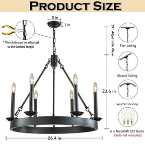 26'' 6-Light Modern Farmhouse Black Candelabra Chandelier Round Rustic Industrial Candle Pendant Lighting For Living Room and Dining Room