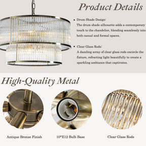 21'' Wide Modern Glam Antique Bronze 10-Light 2-Tier Glass Drum Chandelier Contemporary Hanging Light For Living Room Dining Room