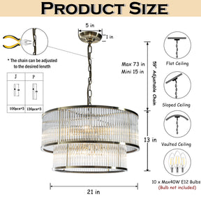 21'' Wide Modern Glam Antique Bronze 10-Light 2-Tier Glass Drum Chandelier Contemporary Hanging Light For Living Room Dining Room