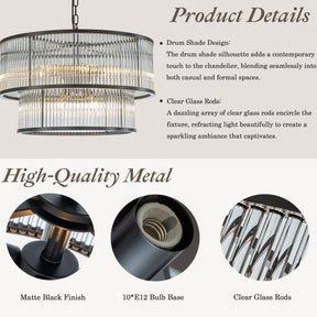 21'' Wide Modern Glam Black 10-Light 2-Tier Glass Drum Chandelier Contemporary Hanging Light For Living Room Dining Room