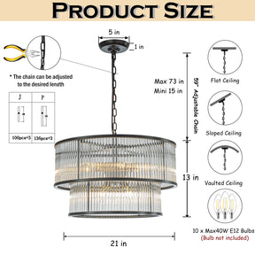 21'' Wide Modern Glam Black 10-Light 2-Tier Glass Drum Chandelier Contemporary Hanging Light For Living Room Dining Room