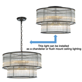 21'' Wide Modern Glam Black 10-Light 2-Tier Glass Drum Chandelier Contemporary Hanging Light For Living Room Dining Room