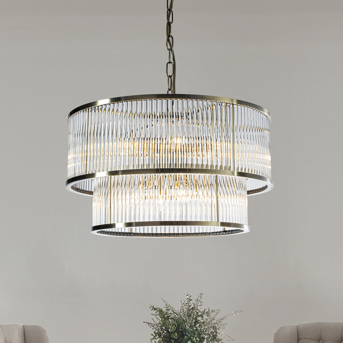 21'' Wide Modern Glam Antique Bronze 10-Light 2-Tier Glass Drum Chandelier Contemporary Hanging Light For Living Room Dining Room