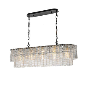5-Light 39'' Matte Black Rectangle Elegant Ribbed Glass Chandelier Vintage Art Glass Pendant Light For Dining Room Ktichen Island